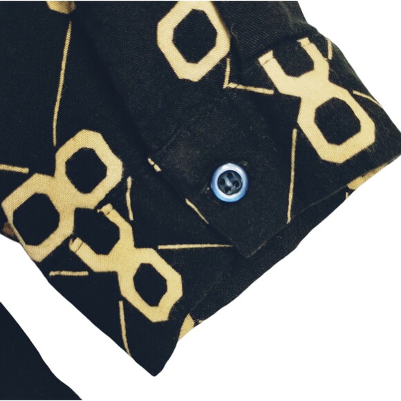 LBB Blouse Women's L Long Sleeve Button Up Cotton Black Tan Graphic 100% Cotton - Picture 8 of 10